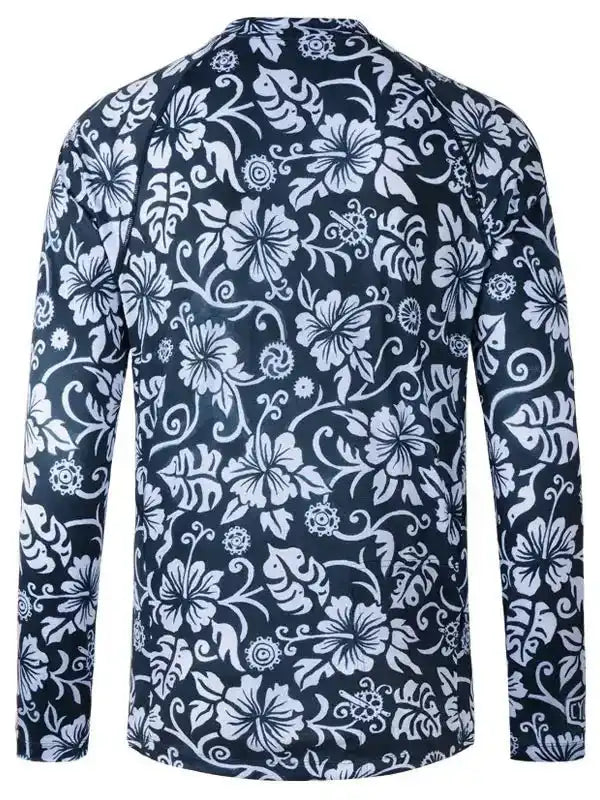 Men's long sleeve cycling jersey with navy blue and white floral pattern, ideal for bike rides