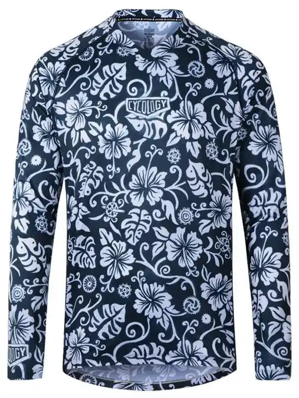 Men's long sleeve cycling jersey with white floral pattern on navy blue, featuring breathable fabric and ergonomic fit