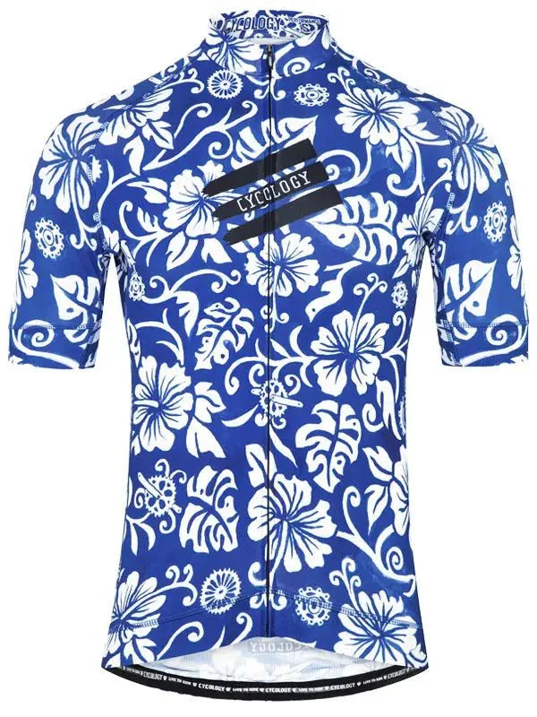 Blue and white floral cycling jersey with full zip and brand logo, designed for men's and women's bike rides.