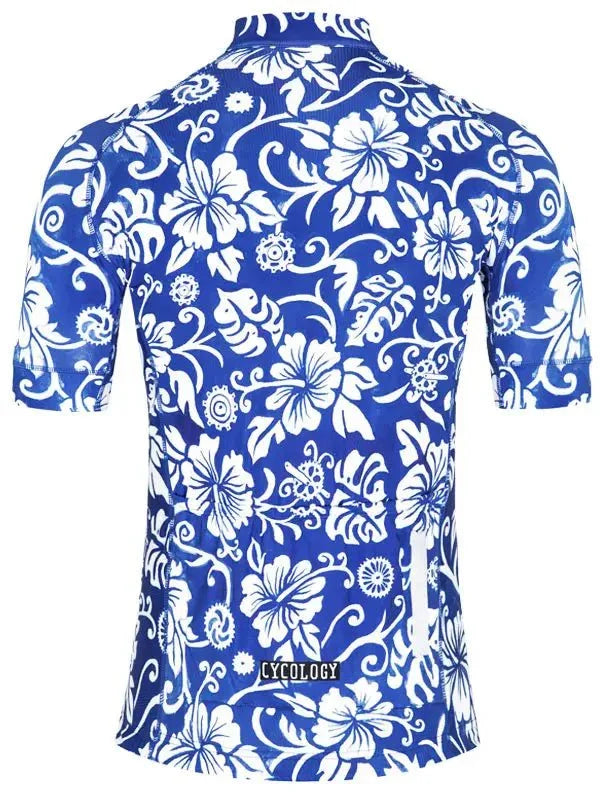 Blue and white floral cycling jersey with short sleeves and brand logo, ideal for men's or women's bike rides.