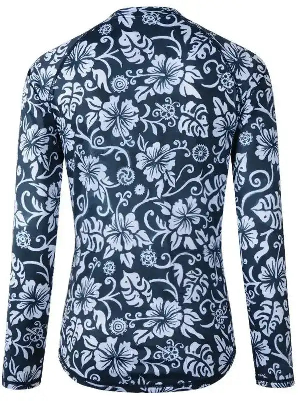 Women's long sleeve cycling jersey with navy blue and white floral pattern, breathable fabric for bike rides