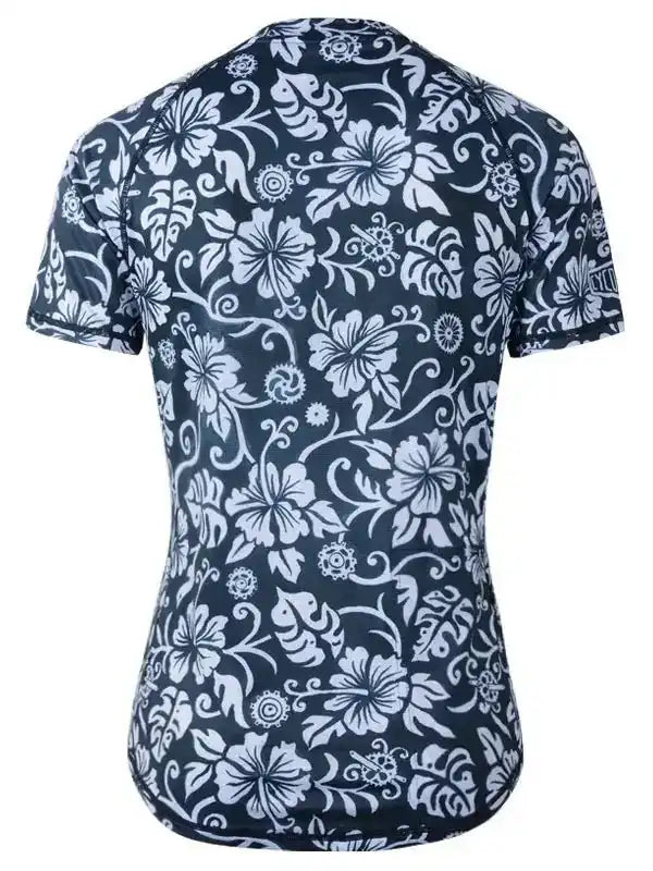 Women's navy cycling jersey with white floral pattern, short sleeves, back view