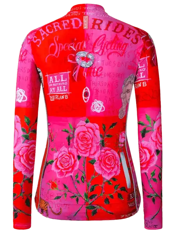 Women's cycling jersey with bold pink roses and graffiti-style text on red background