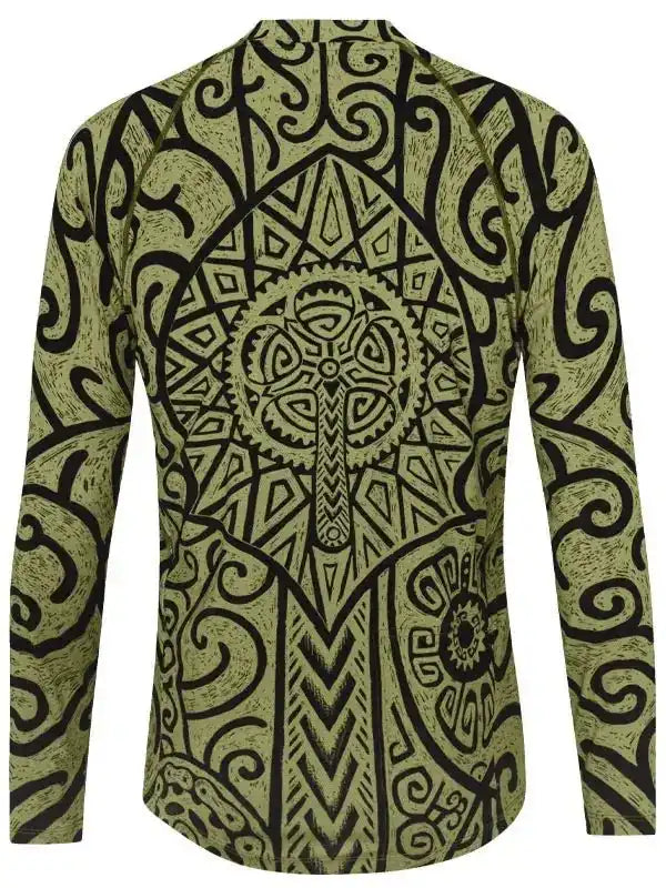 Men's long sleeve cycling jersey with bold tribal pattern in olive green and black, ideal for road biking.