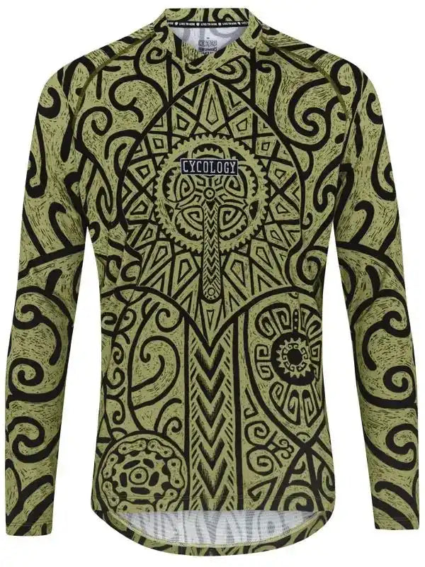 Men's long sleeve cycling jersey with bold black tribal print on olive green, featuring 'CYCOLOGY' chest logo.