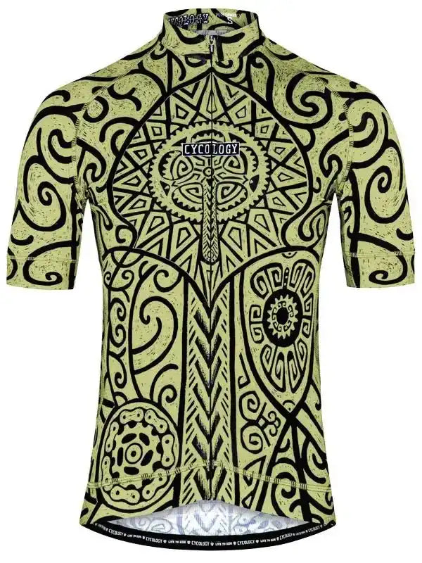 Men's cycling jersey with bold black tribal patterns on lime green, featuring full zipper and ergonomic fit.