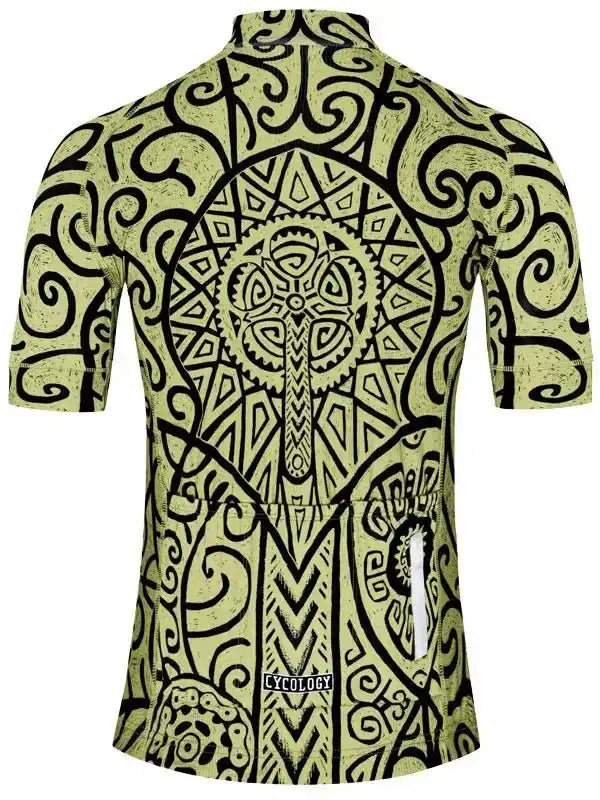 Men's cycling jersey with bold black tribal and gear pattern on lime green, featuring rear pockets and brand logo.