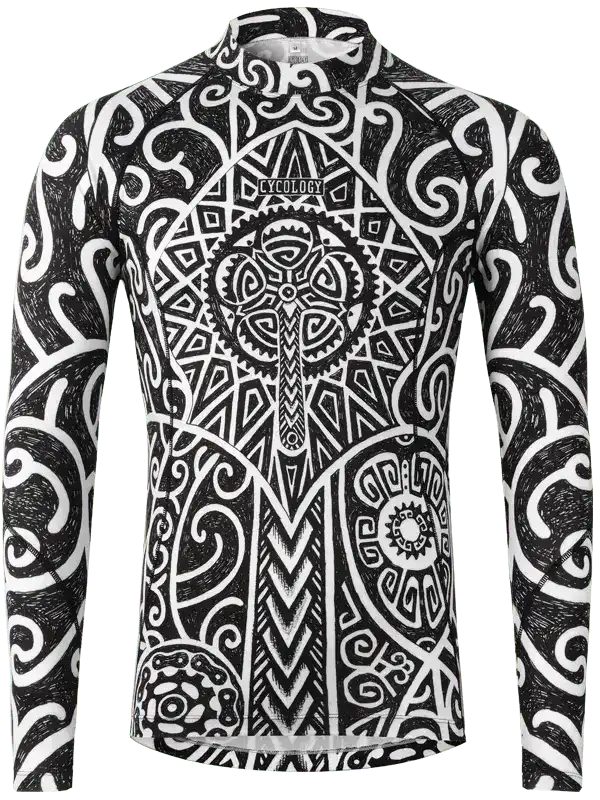 Men's long sleeve cycling jersey with bold black and white tribal gear pattern, ideal for road biking.