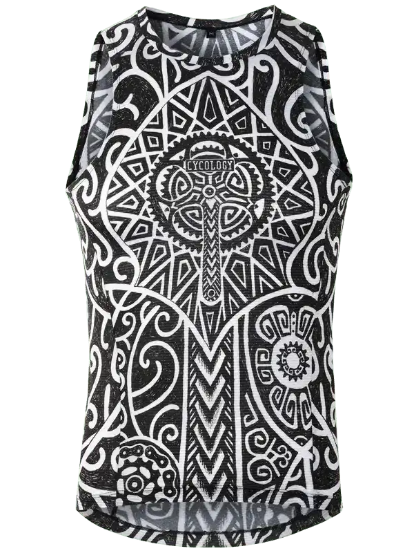 Black and white sleeveless cycling jersey with geometric tribal print and gear design for men or women