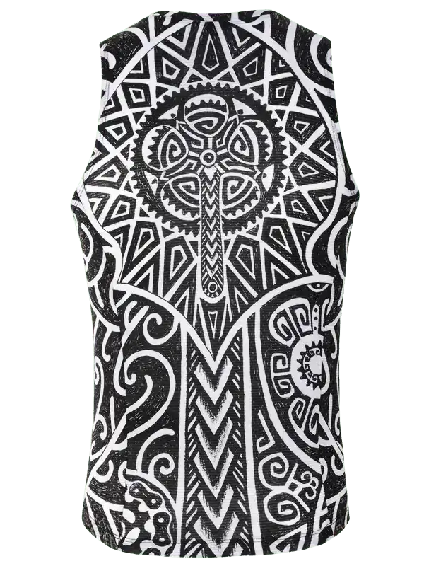Black and white geometric cycling tank top with tribal gear design