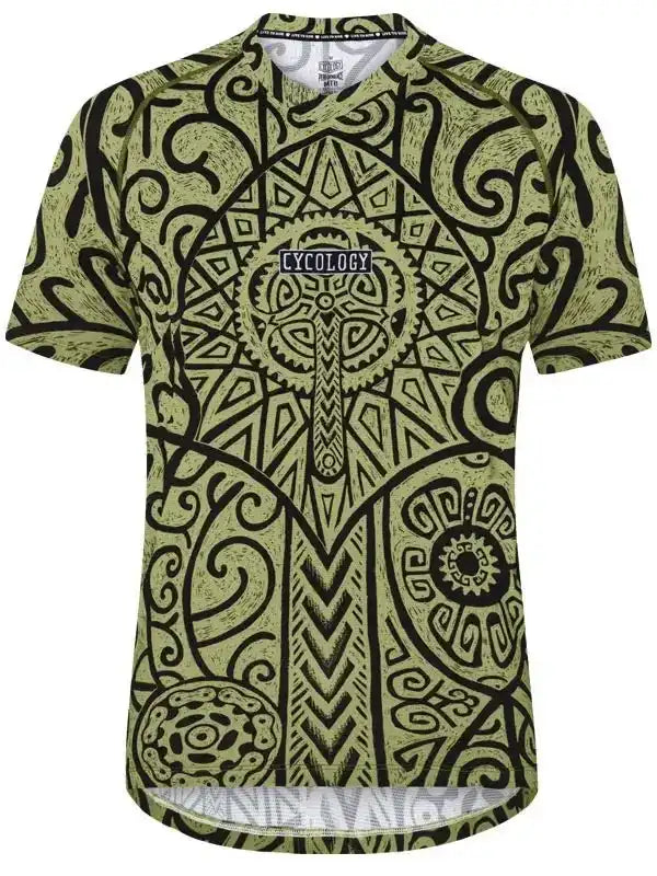 Men's cycling jersey with intricate green and black tribal pattern, featuring 'CYCOLOGY' logo on chest.