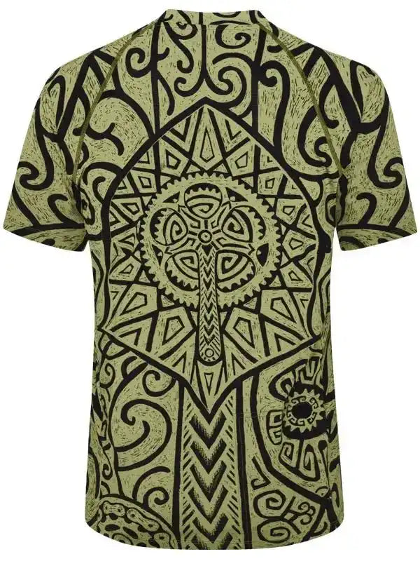 Men's cycling jersey with bold black tribal and gear pattern on olive green, unique design for bike rides