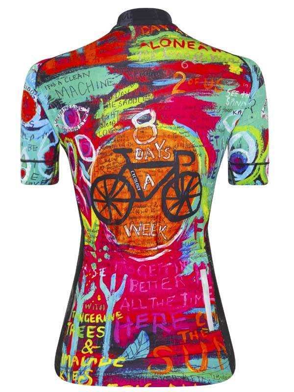 Colorful women's cycling jersey with bike graphic and motivational text, vibrant artistic design for road rides