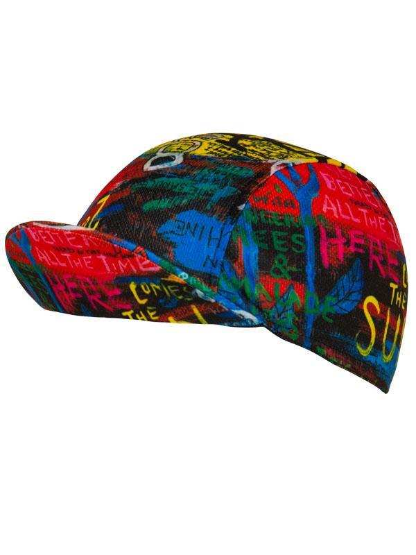 Colorful cycling cap with vibrant graffiti-style text and designs for men and women