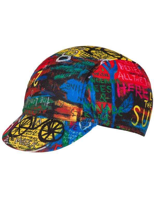 Colorful cycling cap with graffiti-style art, bike wheels, and bold text for men's and women's bike rides