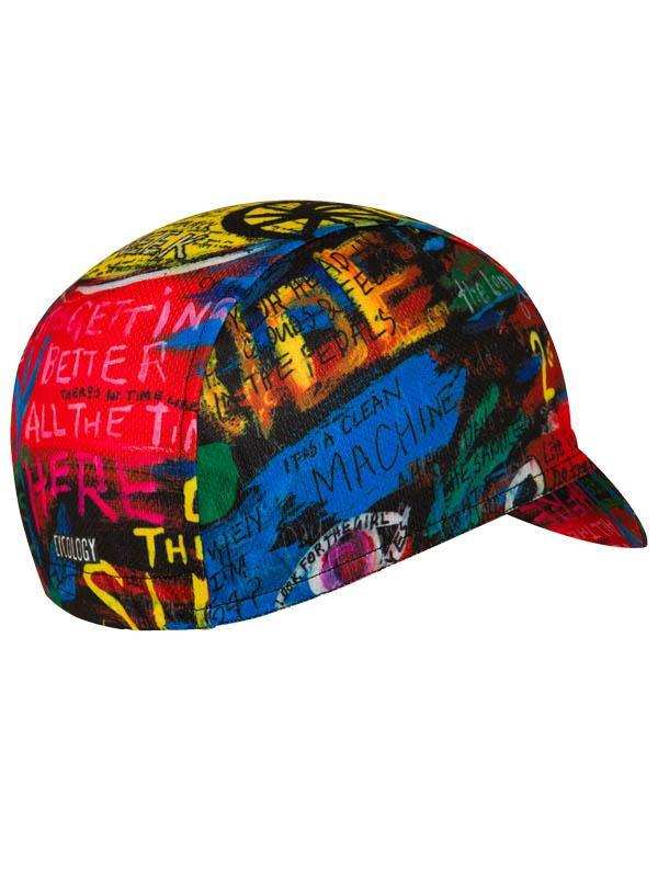 Colorful cycling cap with graffiti-style text and vibrant patterns for men and women
