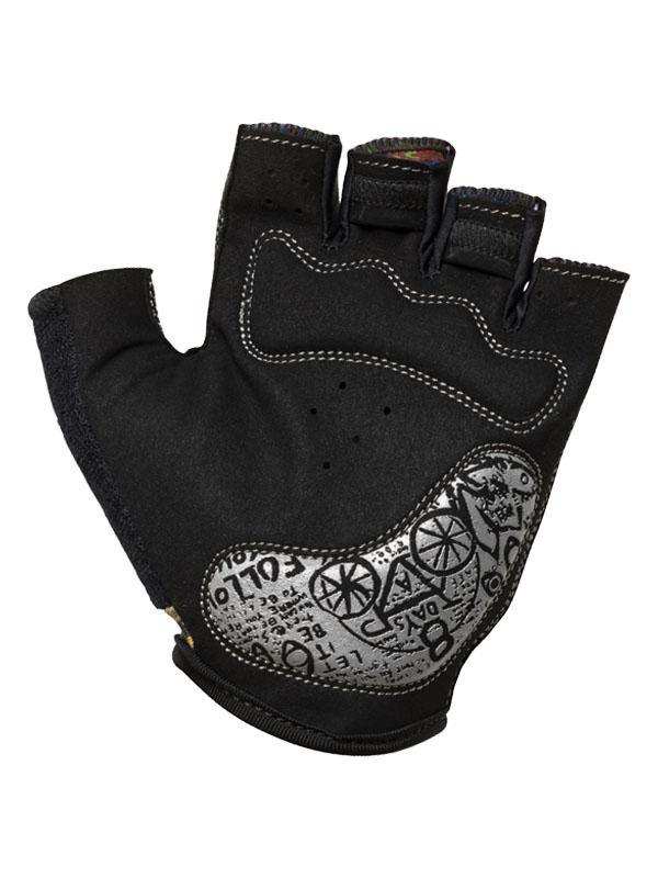 Black fingerless cycling glove with silver bike graphic and text design, breathable fabric, padded palm