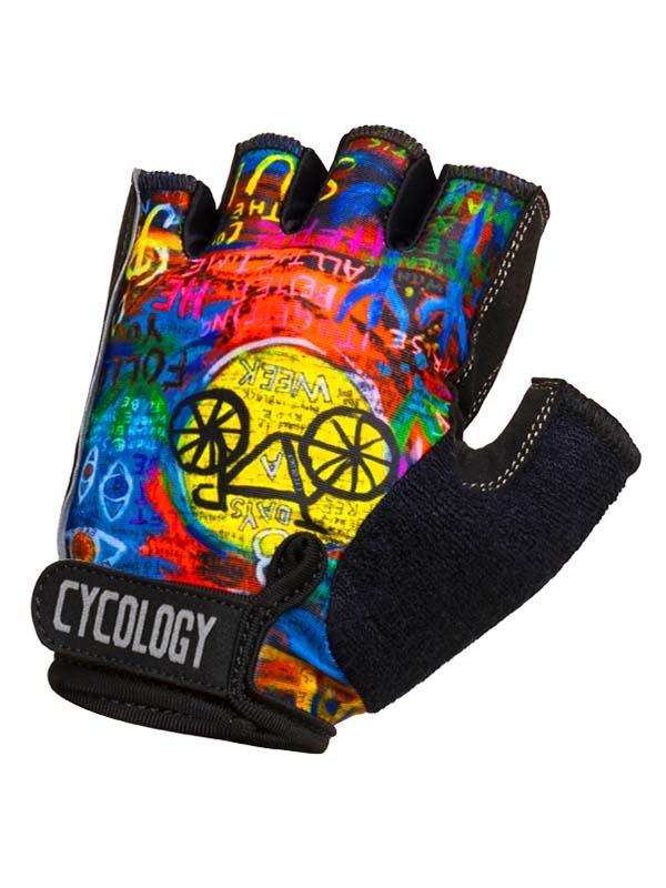 Colorful cycling glove with graffiti-style print and 'CYCOLOGY' wrist strap, ideal for men's and women's bike rides.