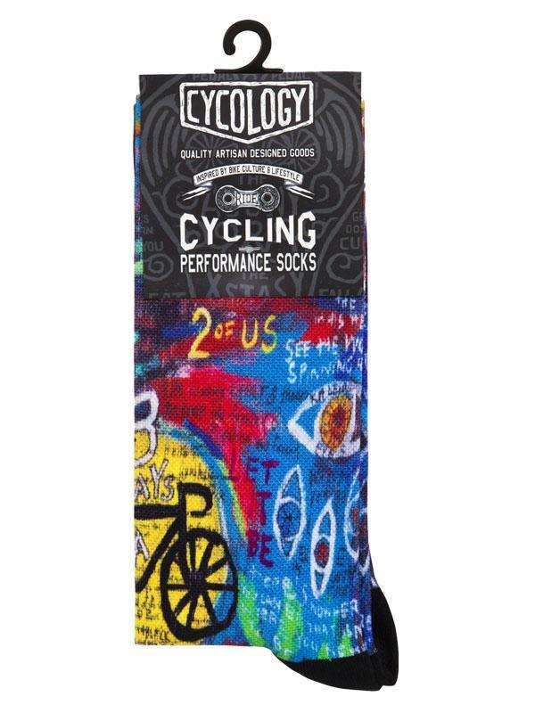 Cycling performance socks with colorful graffiti art, bike graphics, and bold text design for riders