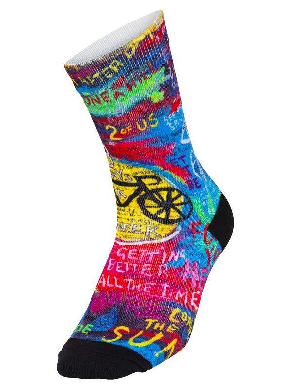 Colorful cycling sock with bold graphics, bike icon, and motivational phrases for men's and women's bike rides