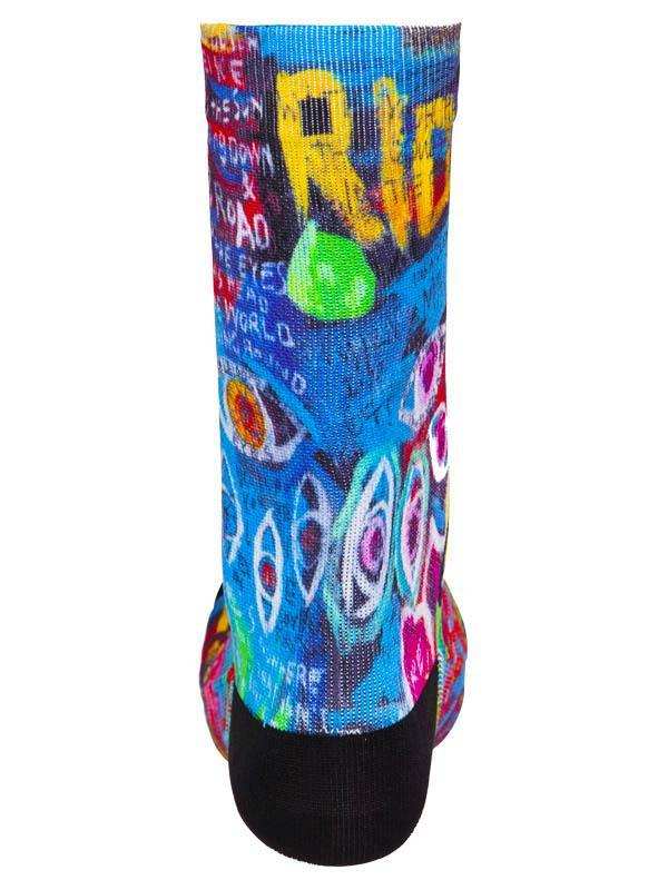 Colorful cycling sock with bold graffiti-style 'RIDE' print and vibrant abstract patterns for men and women.