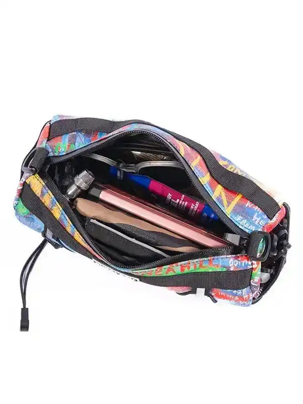 Colorful cycling waist bag with pens, phone, and tools inside, perfect for on-the-go essentials.