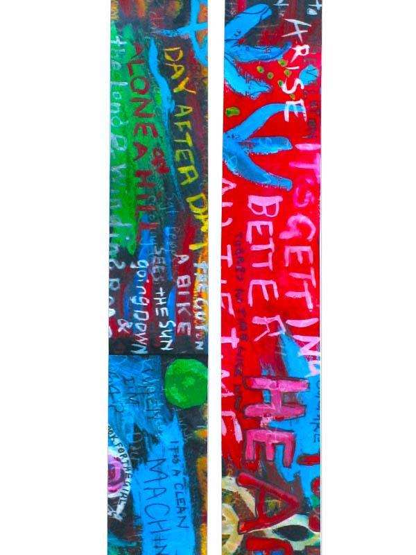 Vibrant cycling apparel with bold graffiti-style text and colorful abstract designs for men and women