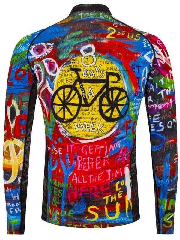 Colorful long-sleeve cycling jersey with graffiti art, bike graphic, and motivational text for men and women riders.