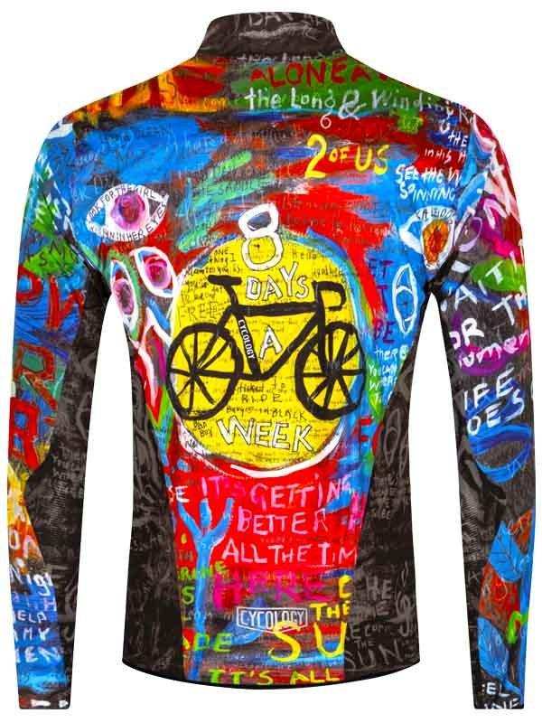 Colorful long-sleeve cycling jersey with graffiti-style art, bike graphic, and motivational text for men and women riders