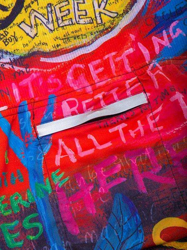 Vibrant graffiti-style cycling jersey with bold text and colorful artwork, perfect for men's and women's bike rides.