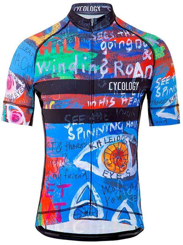 Men's colorful cycling jersey with graffiti-style art, short sleeves, and full zip front for road biking