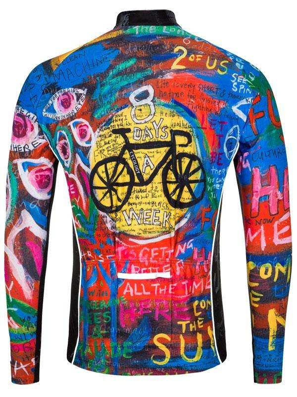 Colorful long-sleeve cycling jersey with graffiti art, bike graphic, and motivational text for men and women riders