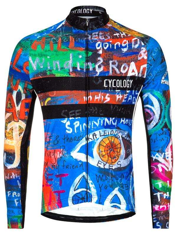Men's long sleeve cycling jersey with colorful graffiti art, bold text, and eye graphic design