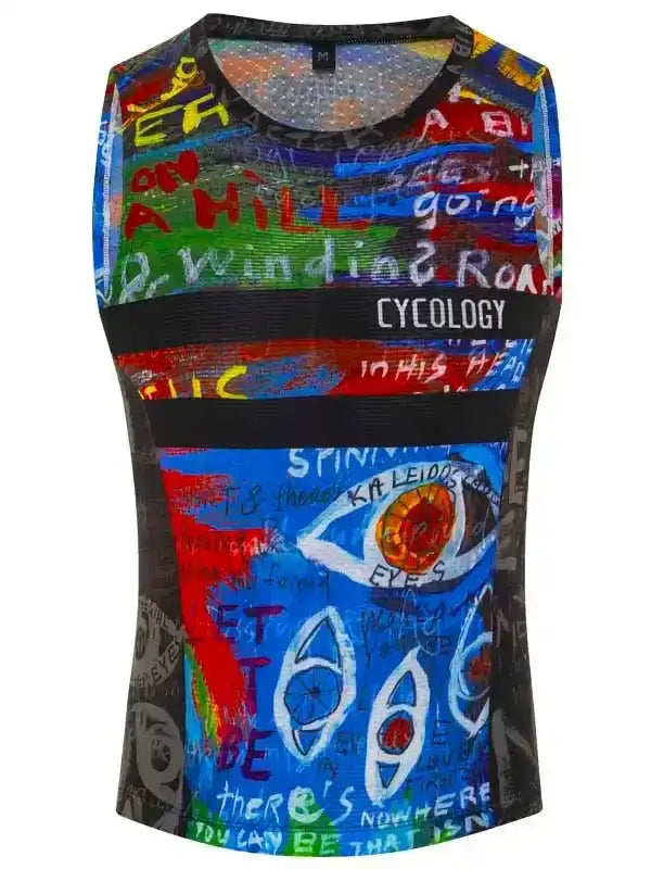 Colorful graffiti-style cycling tank top with bold text and eye graphics, designed for men and women.