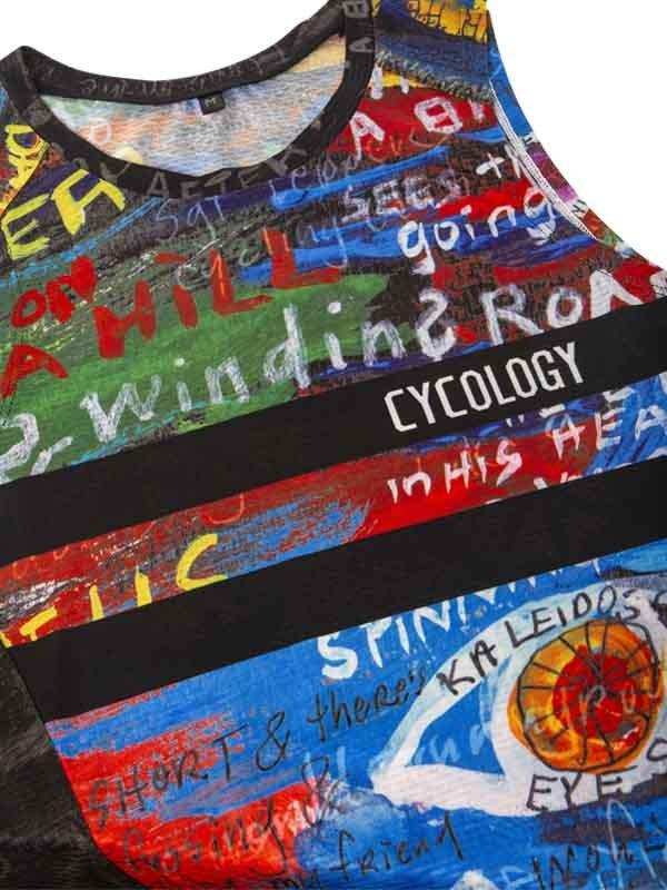 Colorful graphic cycling tank top with bold text and abstract art design for men and women