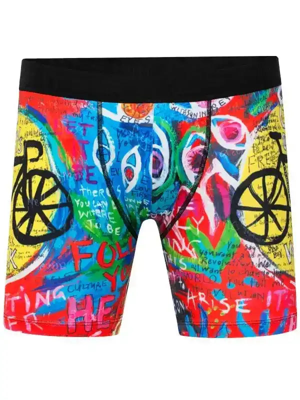 Colorful men's cycling shorts with graffiti art and bike graphics, vibrant design for active wear