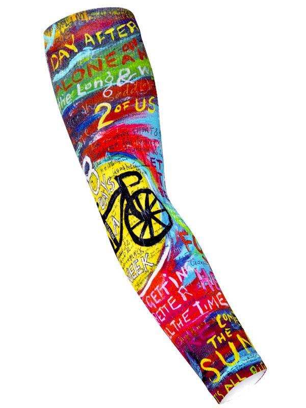 Colorful cycling arm sleeve with vibrant text and bike graphic, perfect for men's and women's bike rides