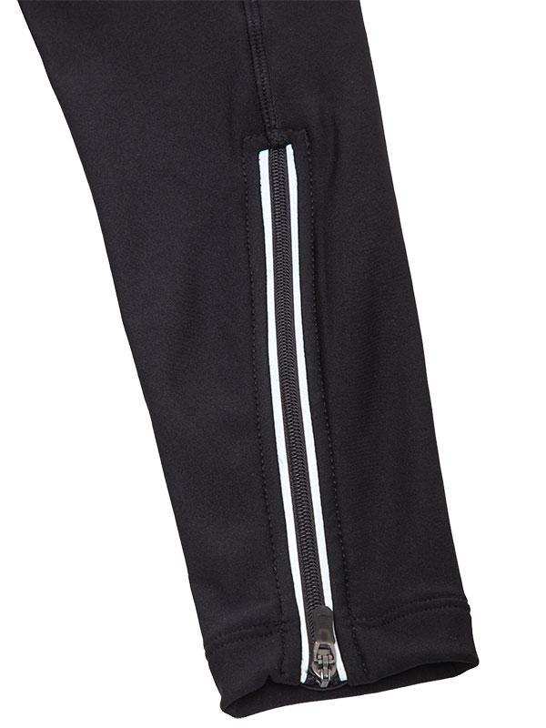 Black cycling tights with white side zipper detail, breathable fabric for men's and women's bike rides