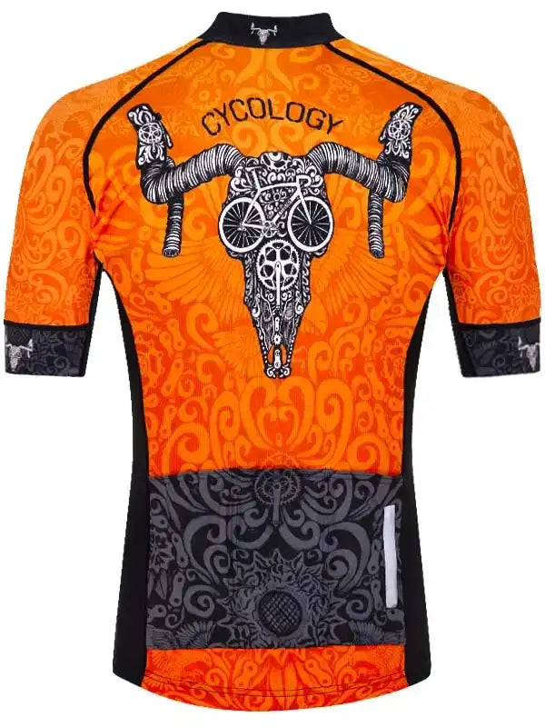 Orange cycling jersey with skull and bike wheel design, black accents, and 'CYCOLOGY' text on back
