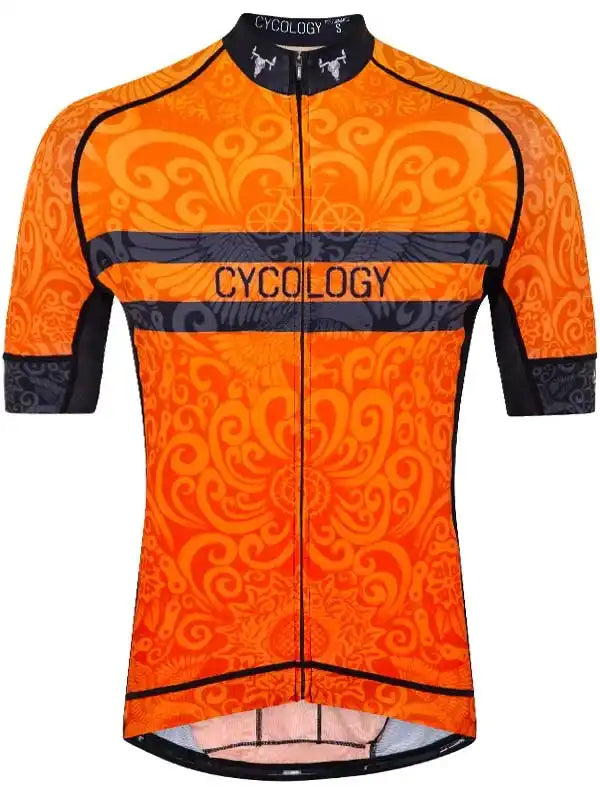 Orange cycling jersey with swirl pattern, black accents, and CYCOLOGY branding for men's or women's bike rides.
