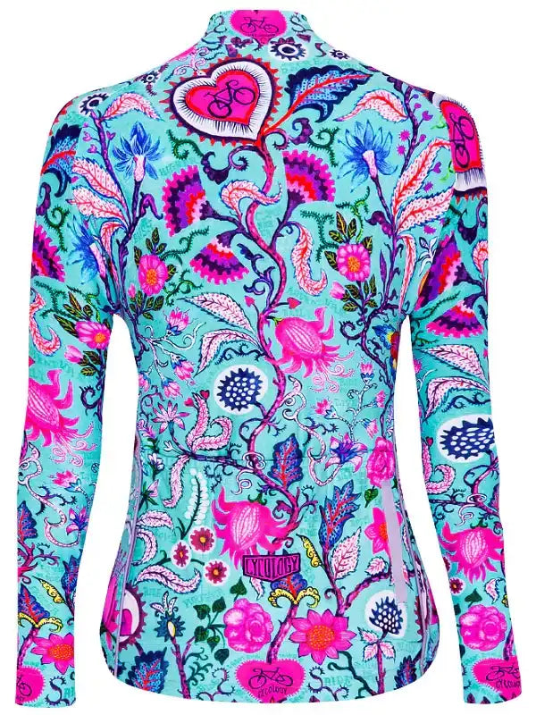 Vibrant floral cycling jersey with pink hearts and bold patterns, designed for women's bike rides.