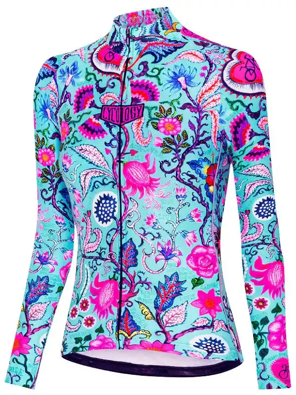 Women's long sleeve cycling jersey with vibrant floral pattern and full zip front