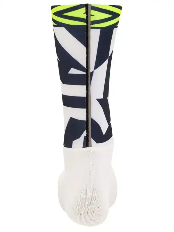 Cycling sock with bold black, white, and neon yellow geometric design, ideal for men's and women's bike rides