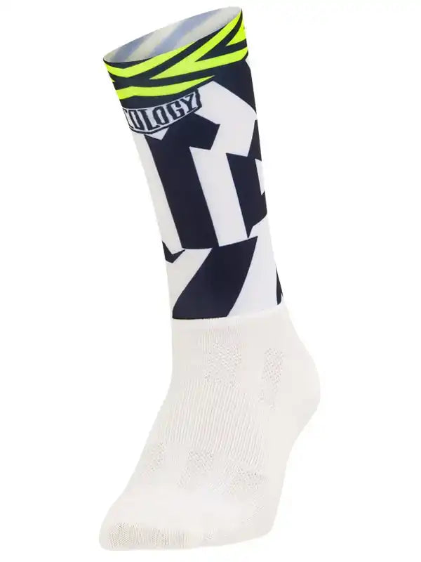 Cycling sock with bold black and white graphic, neon yellow accents, and breathable mesh foot