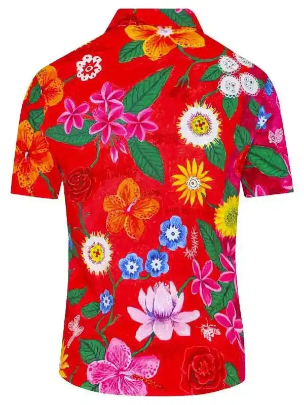 Vibrant red floral cycling shirt with tropical flowers and green leaves, perfect for summer rides.