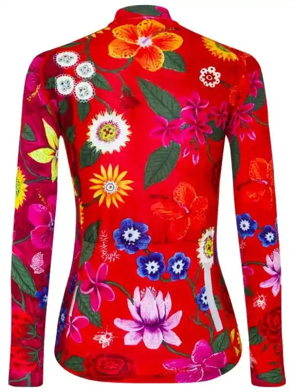 Vibrant red women's cycling jersey with colorful floral print, long sleeves, and back zipper
