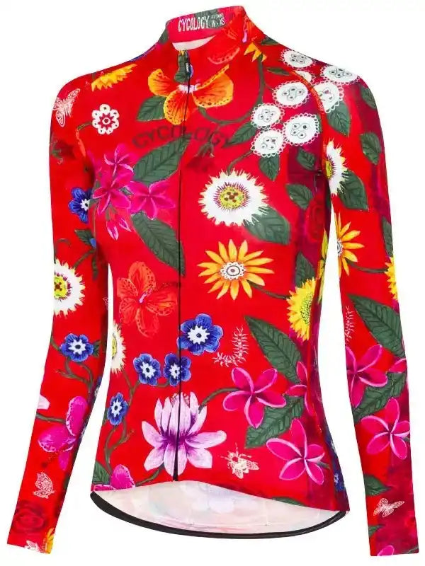Women's red floral cycling jersey with long sleeves, vibrant tropical print, and full zip front for active rides.