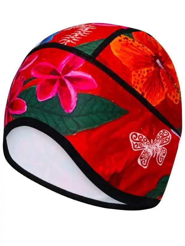 Vibrant red cycling skull cap with tropical flowers and butterfly print, ideal for men's and women's bike rides.