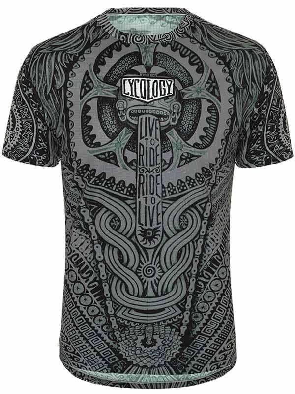 Men's cycling jersey with intricate black and teal graphic design, featuring 'Live to Ride, Ride to Live' text and gear motifs.
