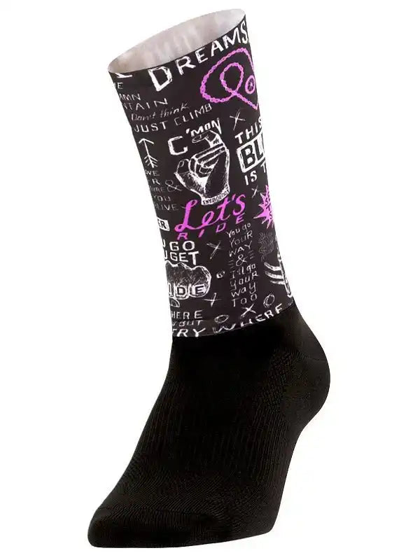 Black cycling sock with pink and white motivational graphics, perfect for bike rides and training